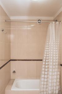 圣地亚哥-德尔埃斯特罗Hotel Solano的带浴缸和淋浴帘的浴室