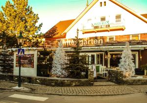 斯拉德明Hotel Wintergarten的前面有圣诞树的餐厅