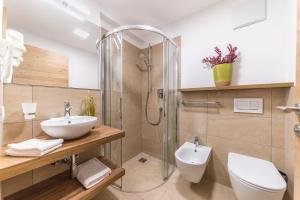 圣克里斯蒂娜Apartments Mezdi的带淋浴、卫生间和盥洗盆的浴室