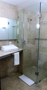 墨西哥城Aristos Express CDMX的一间带玻璃淋浴和水槽的浴室
