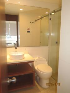 圣安德烈斯Tamarindo Centro Vip Apartment的浴室配有卫生间、盥洗盆和淋浴。
