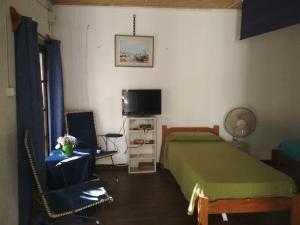 圣何塞德马约Cabaña Tía Sonia的一间卧室配有一张床、一台电视和一把椅子