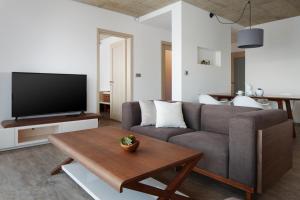 伏尔塔瓦河畔利普诺JBX Resort Apartments Lipno的客厅配有沙发和桌子
