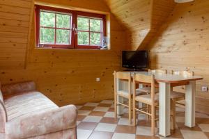 Gornji GradApartments Petek的小屋内的客厅配有桌子和电视