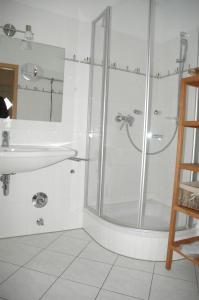 卡尔斯哈根Hafenidyll mit Wasserblick的带淋浴和盥洗盆的浴室