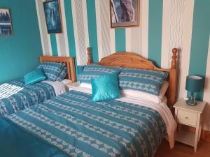多尼戈尔Sleepy Hollow B&B的卧室内的两张床,带蓝色和白色条纹