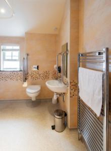 兰卡斯特马车与骏马酒店的浴室配有白色卫生间和盥洗盆。