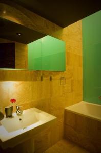 奥拉迪亚Ivana Apart Hotel的一间带水槽和绿色镜子的浴室