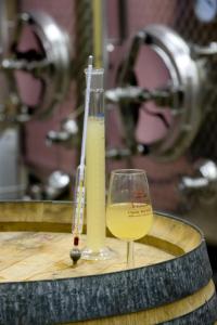 圣伊波利特Domaine Bleger by Windmuehl的一杯葡萄酒和一张桌子上的温度计