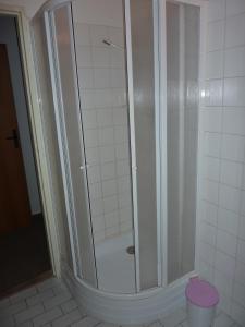 特热比奇维斯阿维斯旅馆的浴室里设有玻璃门淋浴