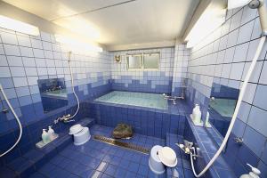 白马村白马太阳谷酒店的蓝色瓷砖浴室设有浴缸和2个卫生间