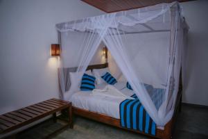 埃拉埃拉格兰德城市酒店的一间卧室配有天蓬床和蓝色及白色枕头