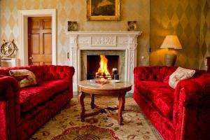 阿瑟斯敦邓布鲁蒂田园酒店的客厅设有2张红色的沙发和壁炉
