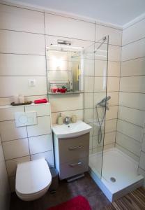 莫斯特拉纳Chalet Via Mons的带淋浴、卫生间和盥洗盆的浴室