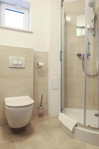 克拉科夫Hotel Major Budget的一间带卫生间和玻璃淋浴间的浴室