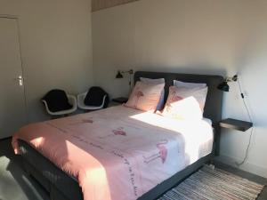 哈尔德伦Bij Zelle的一间卧室配有一张带粉红色床单的床和两把椅子