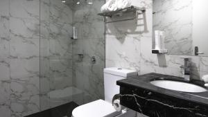 朗塞斯顿Areca Launceston的浴室配有卫生间、盥洗盆和淋浴。