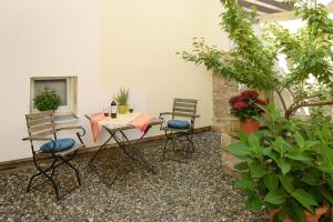 皮尔纳Hortensiensuite的庭院配有桌椅和植物