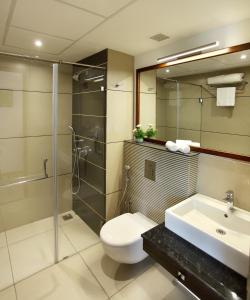 科钦Sugar Business Hotel的浴室配有卫生间、盥洗盆和淋浴。