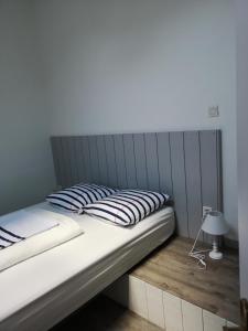 阿雷斯Duplex Bord Bassin d'Arcachon的卧室里的一张大床和灰色床头板