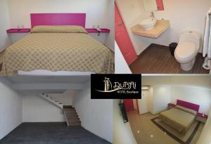 阿卡普尔科Hotel Boutique Dubai的卧室配有一张床和一间浴室的三幅图片