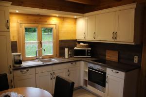 DrognitzFerienhaus Wolfs-Revier的厨房配有白色橱柜、水槽和窗户。