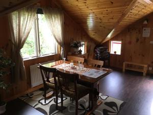 特勒布达佳斯特万宁哈斯托普民宿的一间带桌椅和窗户的用餐室