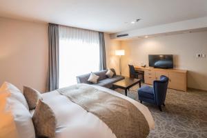 京都京都新町六角格兰瑞普利酒店的酒店客房配有床、沙发和电视。