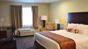 孟菲斯America's Best Value Inn - Memphis Airport的酒店客房带一张大床和一把椅子