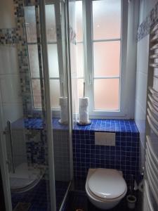 翁弗勒尔艾克斯博托酒店的浴室设有卫生间和蓝色瓷砖淋浴。