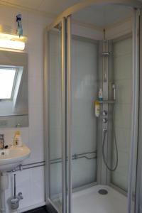 盖郎厄尔峡湾Lunheim in Geiranger的浴室里设有玻璃门淋浴
