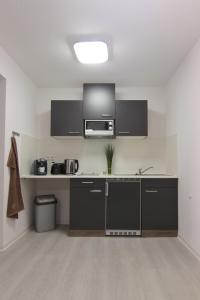 GamstädtStax Motel的厨房配有黑色橱柜和微波炉