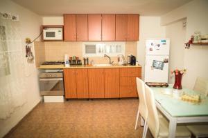 贝特谢安Master hosting Gal的厨房配有木制橱柜、桌子和冰箱。