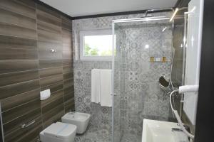萨拉热窝Apart Hotel Family的带淋浴、卫生间和盥洗盆的浴室