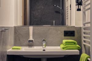 ObertaufkirchenBrauerei Gaststätte Stierberg的浴室水槽配有绿色毛巾和镜子