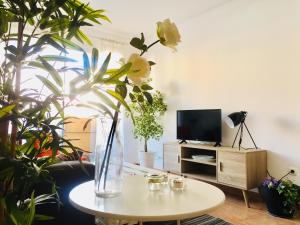 滨海罗克塔斯Apartamento EvaHome Roquetas的客厅配有桌子和植物