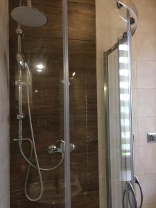 雷布尼克Apartament Fibra Latte的浴室里设有玻璃门淋浴