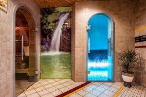 阿罗萨Hotel Astoria的浴室设有蓝色门后方的瀑布壁画
