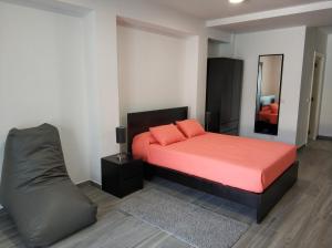 圣罗克杜皮库Casavó的一间卧室配有一张床、一张沙发和一面镜子