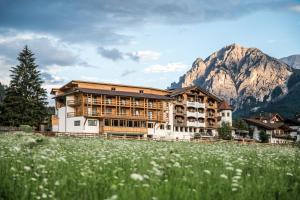 圣维吉利奥Hotel Mareo Dolomites的一座大建筑,背景是群山