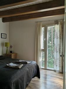 罗威萨Mäntykallio的一间卧室设有一张床和一个大窗户