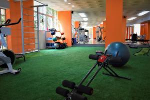 瓦拉达里斯州长市Realminas Hotel e Restaurante的一间铺有绿色地毯的健身房和一个带设备的健身房