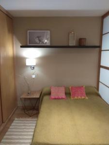 维戈Coqueto apartamento centro VIGO con WIFI的一间卧室配有一张带两个粉红色枕头的床