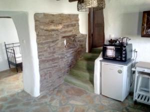 ArnadosTerra Aeolica的厨房设有石墙和微波炉。