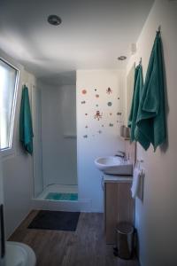 耶泽拉Mobile Homes SEA JOY的带淋浴和盥洗盆的浴室