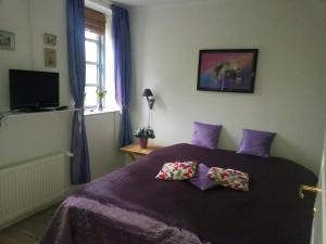 马里博思科斯特普加德公寓酒店的一间卧室配有一张紫色床和两个枕头