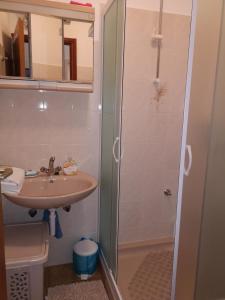 苏曼婷Studio Apartment Riva的一间带水槽和淋浴的小浴室