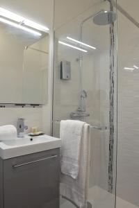 Buzançais国际之家隐居之处酒店的带淋浴、盥洗盆和镜子的浴室
