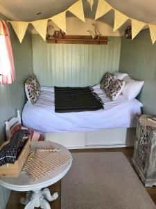 ChetwyndWellbank Shepherds Hut的小房间设有一张床和一张桌子