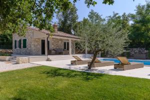 罗维尼Casa Egi的一个带游泳池和房子的后院